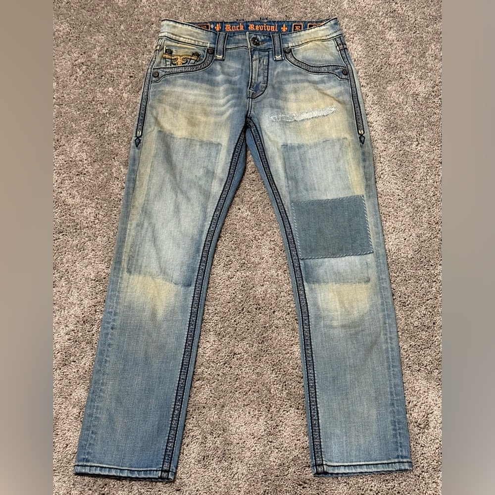RARE Rock Revival Darl‎ Alt Straight Denim Patch Blue Jeans Mens Size 32x32